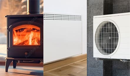 Foyer au bois, convecteur électrique et thermopompe