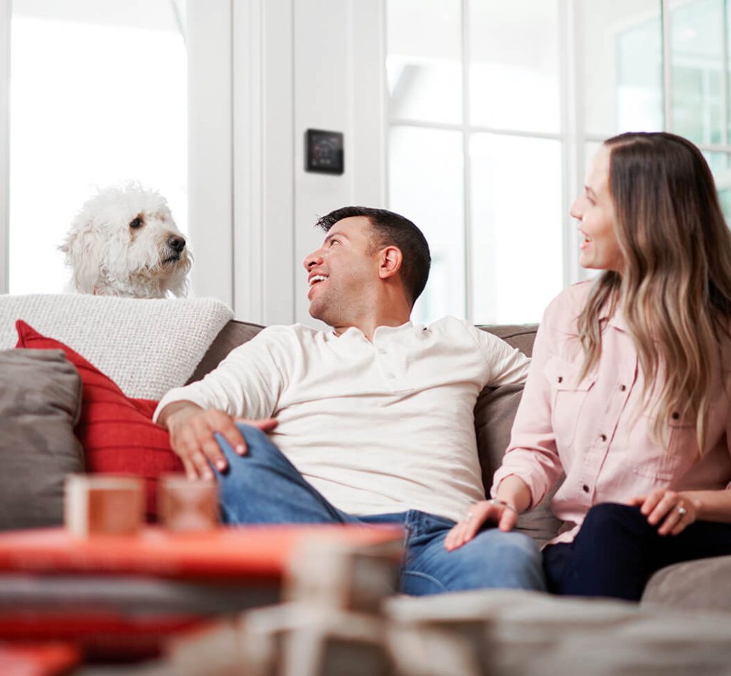 Couple assis avec leur chien à la maison