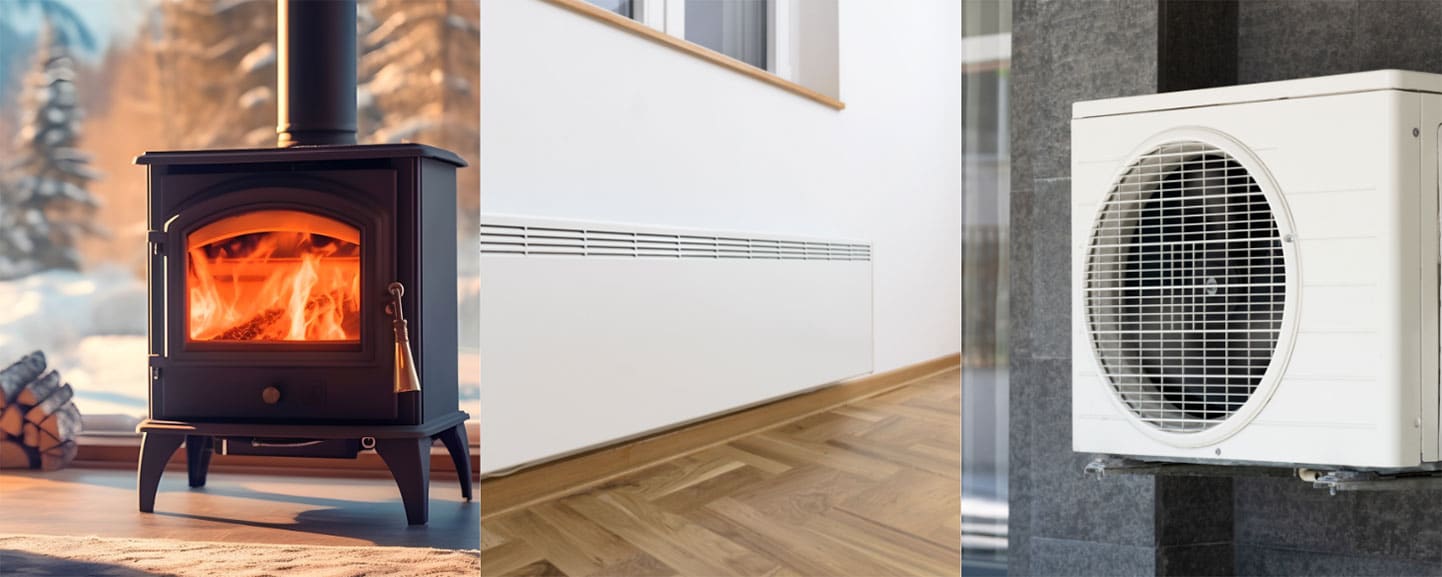 Foyer au bois, convecteur électrique et thermopompe comme exemples de chauffage