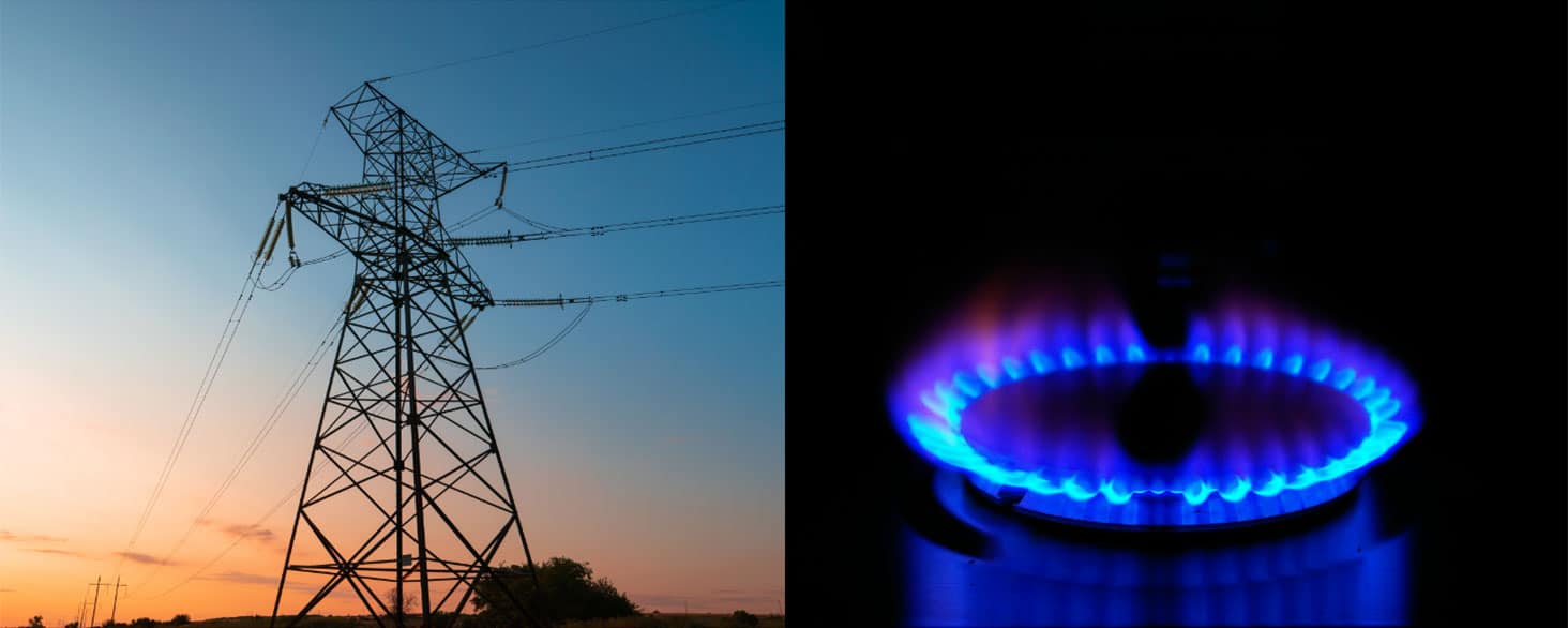 Chauffage résidentiel au gaz naturel ou au mazout illustré par un pylône électrique et une flamme