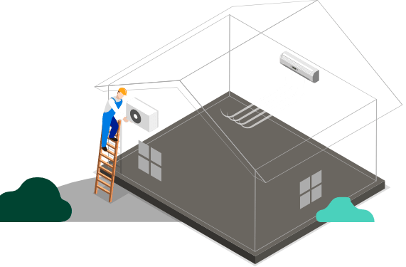 Illustration d’un technicien installant une thermopompe sur une maison