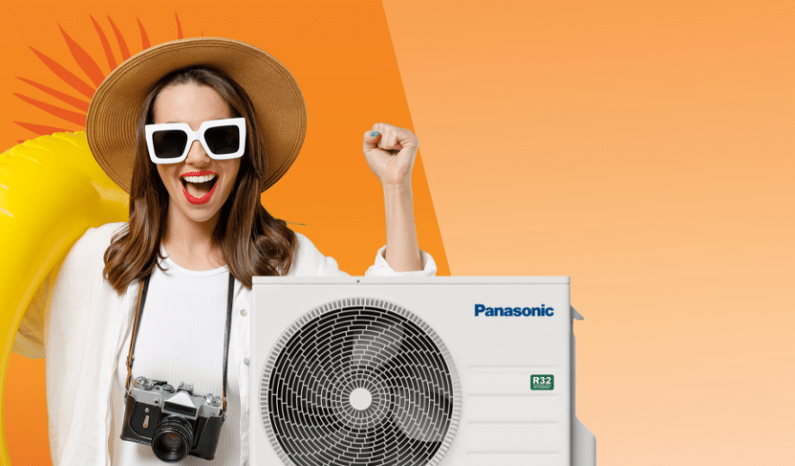 Thermopompe Panasonic avec une fille portant des lunettes de soleil et un tube de piscine