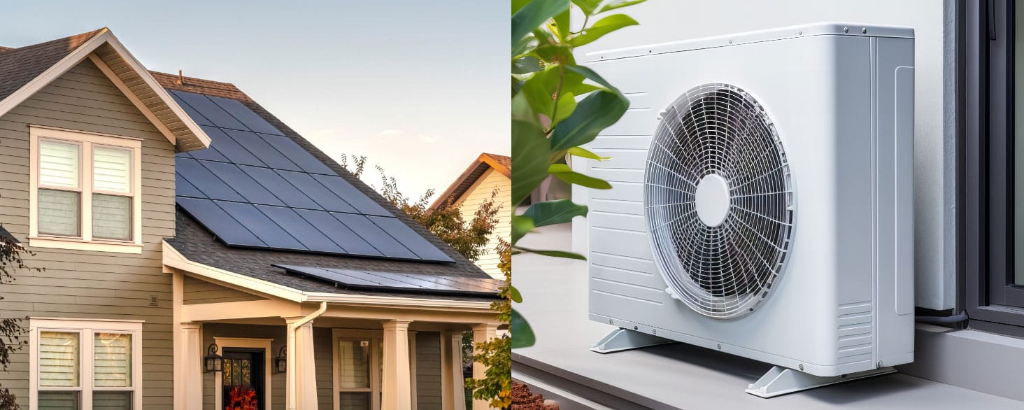 Maison résidentielle avec panneaux solaires et thermopompe extérieure pour chauffage et climatisation