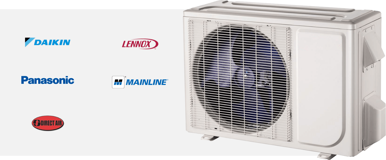 Thermopompe avec les logos des marques Daikin, Lennox, Panasonic, Mainline et Direct Air